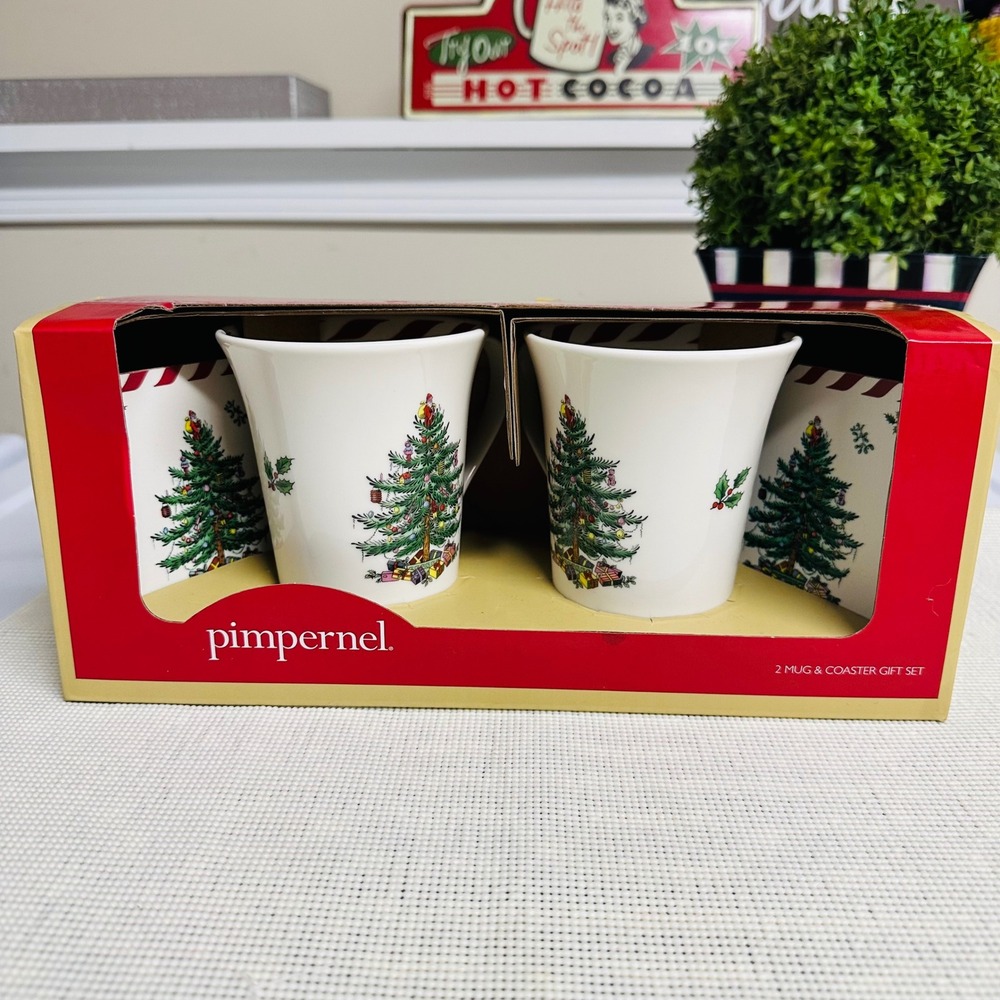 SPODE Pimpernel Christmas Tree Design 2 Pc Mug & Coaster Gift Set NIB